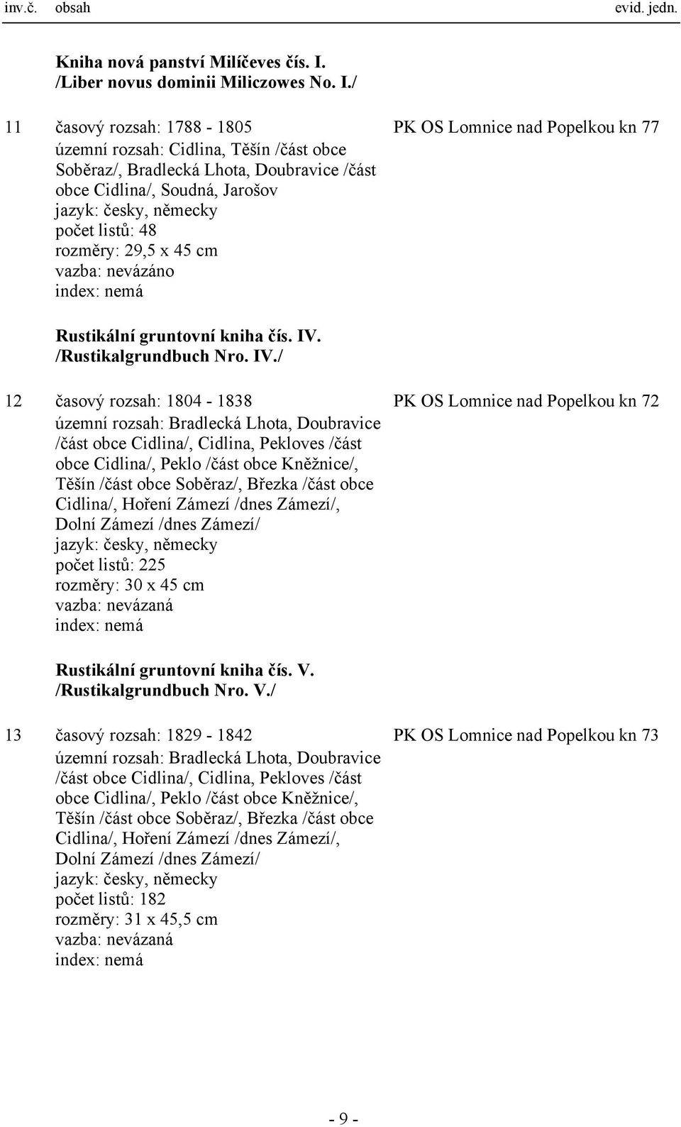 / 11 časový rozsah: 1788-1805 PK OS Lomnice nad Popelkou kn 77 územní rozsah: Cidlina, Těšín /část obce Soběraz/, Bradlecká Lhota, Doubravice /část obce Cidlina/, Soudná, Jarošov počet listů: 48