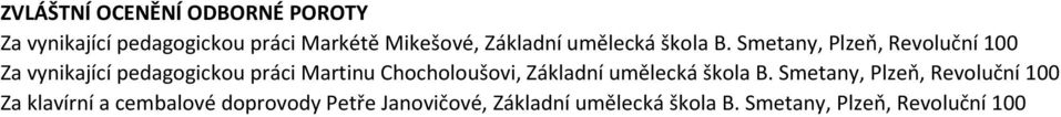 Smetany, Plzeň, Revoluční 100 Za vynikající pedagogickou práci Martinu Chocholoušovi, 