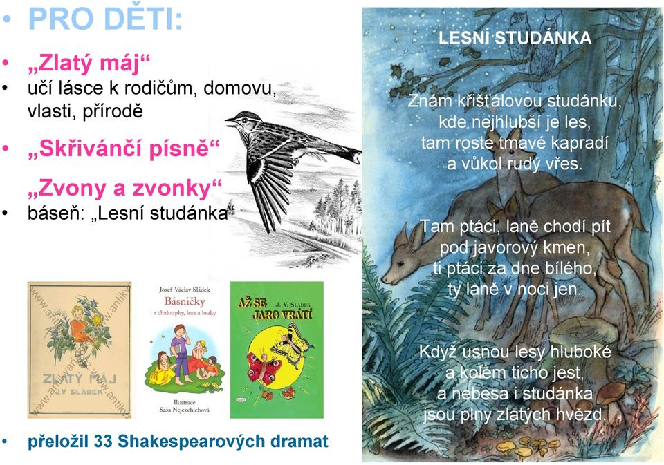 Zvony a zvonky báseň: Lesní studánka Tam ptáci, laně chodí pít pod javorový kmen, ti ptáci za dne bílého, ty