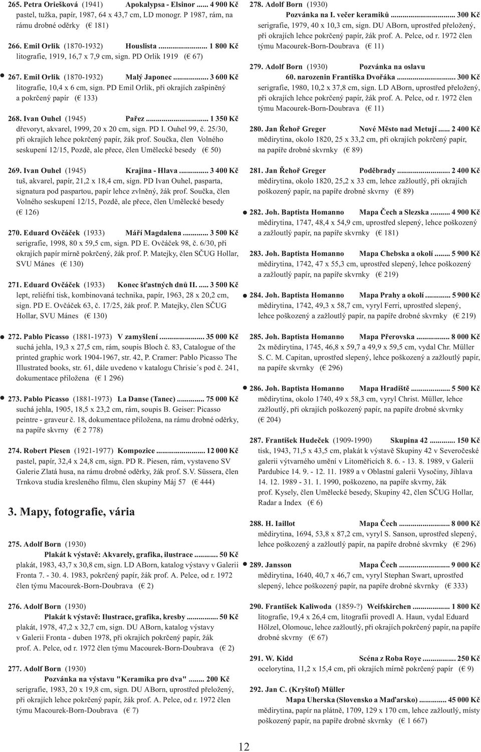 PD Emil Orlik, při okrajích zašpiněný a pokrčený papír ( 133) 268. Ivan Ouhel (1945) Pařez... 1 350 Kč dřevoryt, akvarel, 1999, 20 x 20 cm, sign. PD I. Ouhel 99, č.