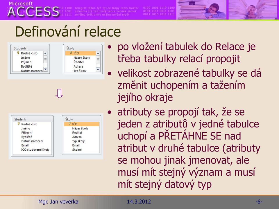 že se jeden z atributů v jedné tabulce uchopí a PŘETÁHNE SE nad atribut v druhé tabulce