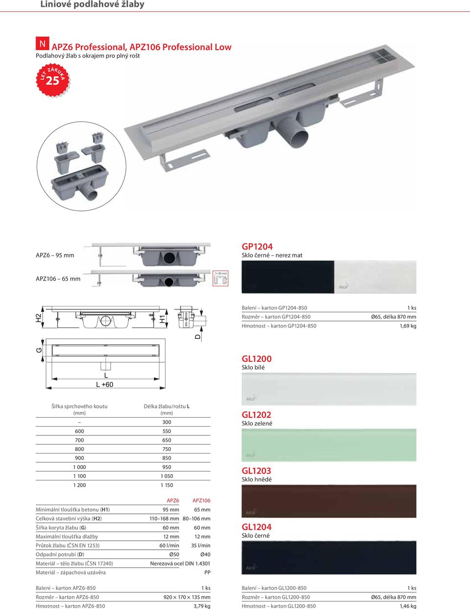 tloušťka betonu (H1) 95 mm 65 mm Celková stavební výška (H2) 110 168 mm 80 106 mm Šířka koryta žlabu (G) 60 mm 60 mm Maximální tloušťka dlažby 12 mm 12 mm žlabu (ČSN EN 1253) 60 l/min 35 l/min