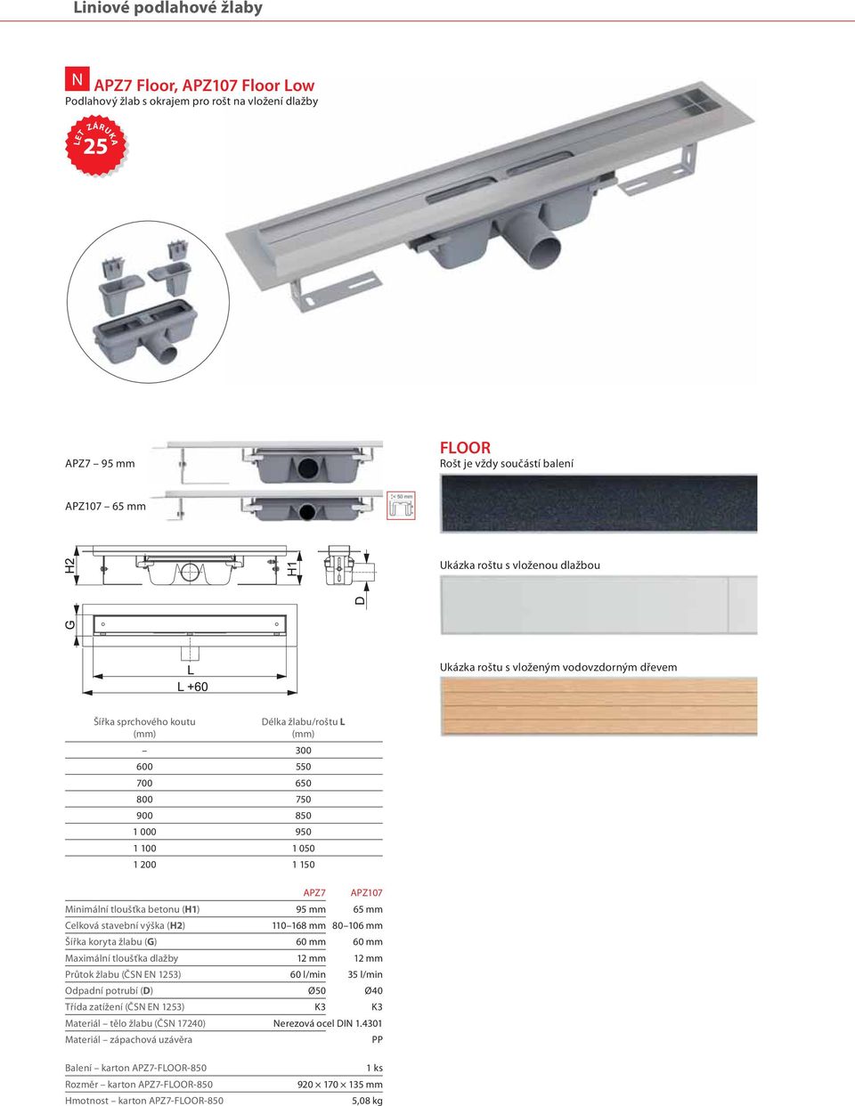 APZ107 Minimální tloušťka betonu (H1) 95 mm 65 mm Celková stavební výška (H2) 110 168 mm 80 106 mm Šířka koryta žlabu (G) 60 mm 60 mm Maximální tloušťka dlažby 12 mm 12 mm žlabu (ČSN EN 1253)