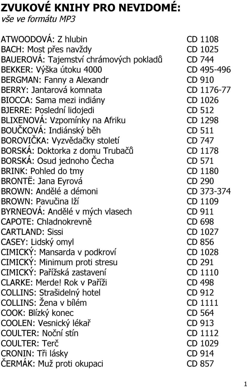 BOROVIČKA: Vyzvědačky století CD 747 BORSKÁ: Doktorka z domu Trubačů CD 1178 BORSKÁ: Osud jednoho Čecha CD 571 BRINK: Pohled do tmy CD 1180 BRONTË: Jana Eyrová CD 290 BROWN: Andělé a démoni CD