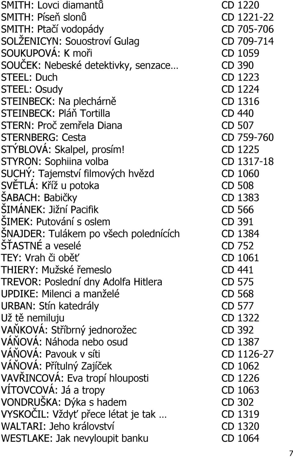 CD 1225 STYRON: Sophiina volba CD 1317-18 SUCHÝ: Tajemství filmových hvězd CD 1060 SVĚTLÁ: Kříž u potoka CD 508 ŠABACH: Babičky CD 1383 ŠIMÁNEK: Jižní Pacifik CD 566 ŠIMEK: Putování s oslem CD 391