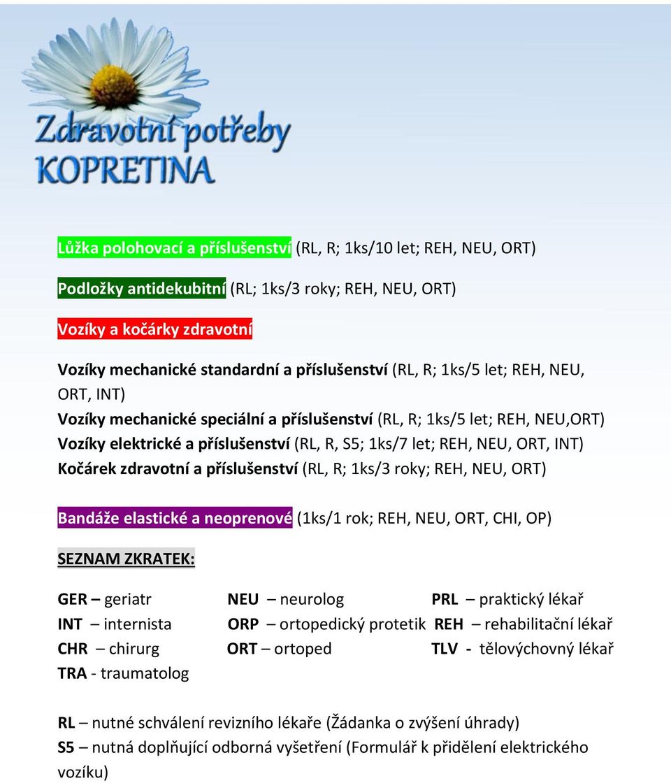 zdravotní a příslušenství (RL, R; 1ks/3 roky; REH, NEU, ORT) Bandáže elastické a neoprenové (1ks/1 rok; REH, NEU, ORT, CHI, OP) SEZNAM ZKRATEK: GER geriatr NEU neurolog PRL praktický lékař INT