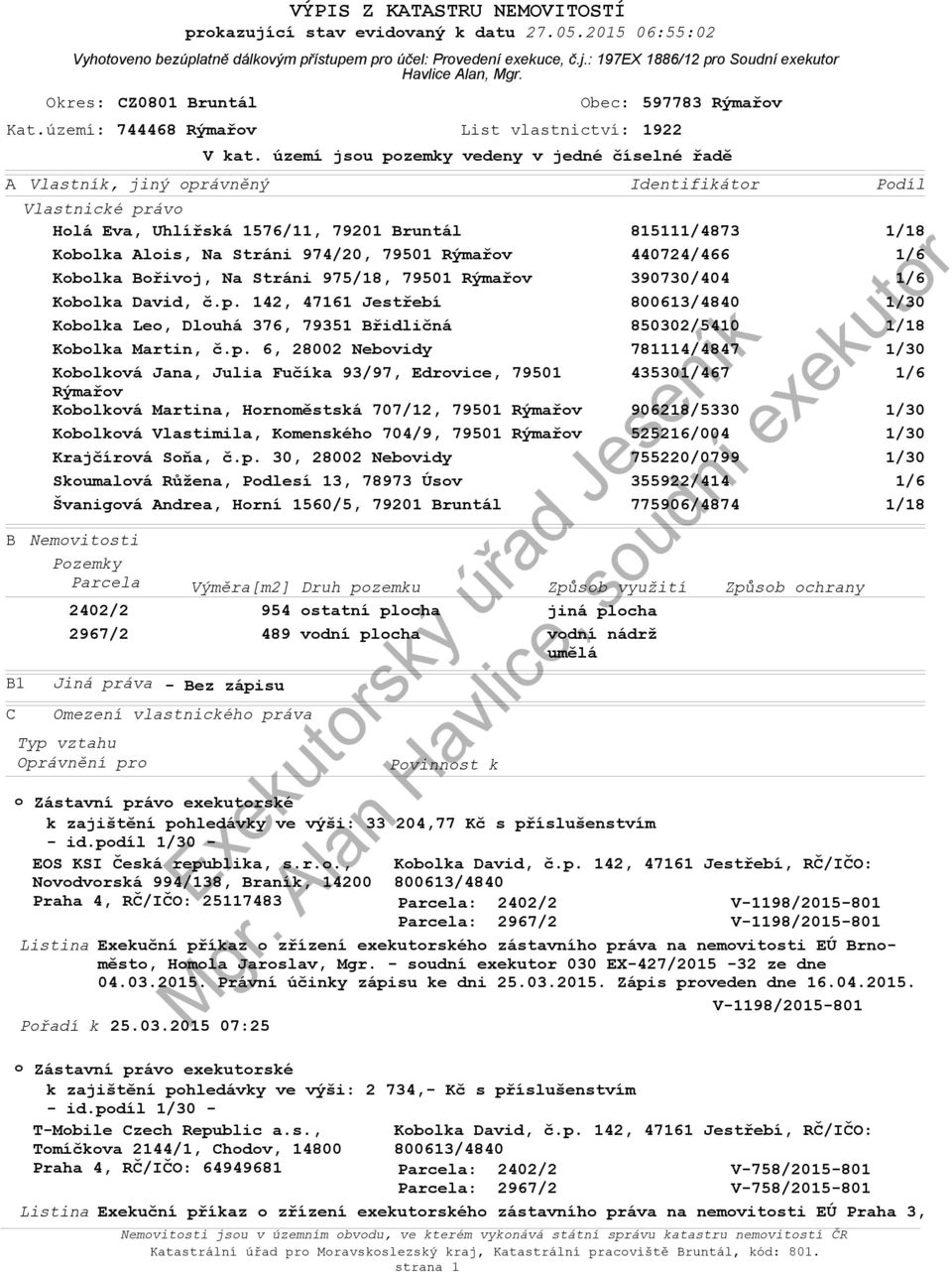 CZ0801 Bruntál Vlastník, jiný oprávněný Vlastnické právo Holá Eva, Uhlířská 1576/11, 79201 Bruntál Kobolka Alois, Na Stráni 974/20, 79501 Rýmařov Kobolka Bořivoj, Na Stráni 975/18, 79501 Rýmařov