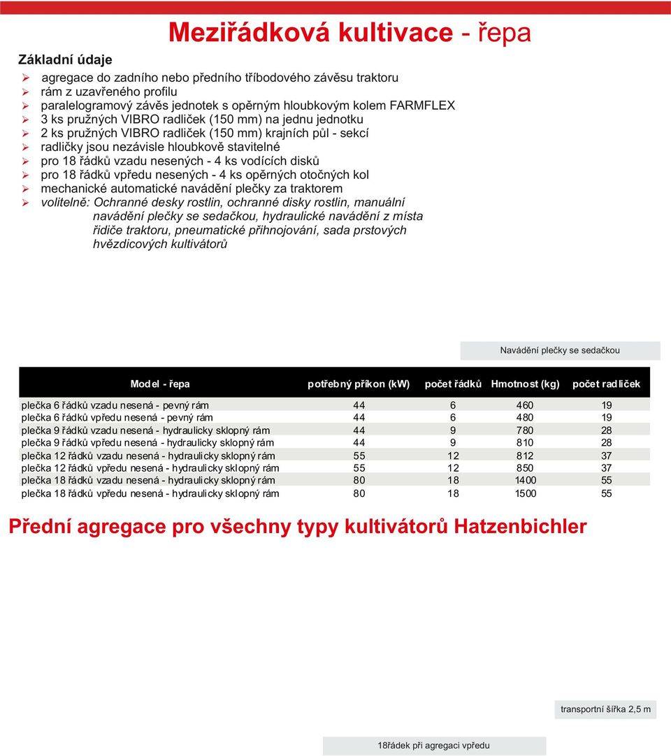 řádků vpředu nesených - ks opěrných otočných kol mechanické automatické navádění plečky za traktorem volitelně: Ochranné desky rostlin, ochranné disky rostlin, manuální navádění plečky se sedačkou,