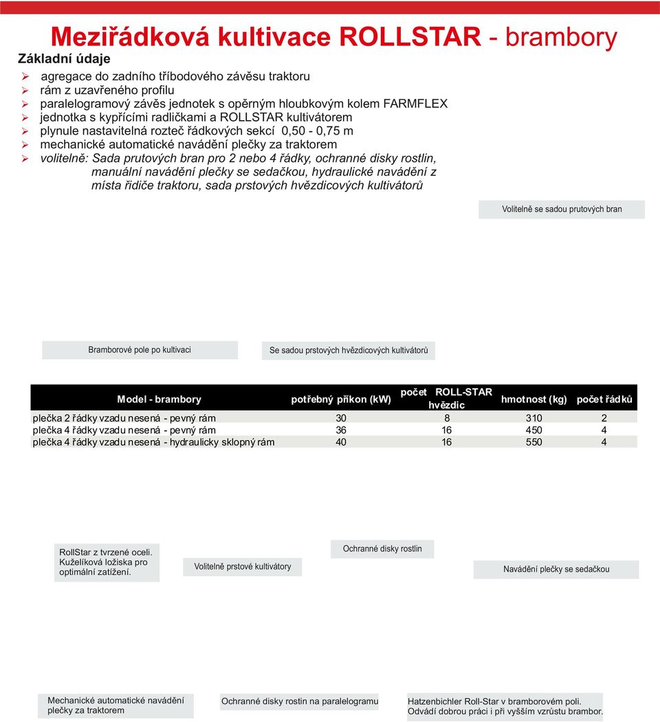 ochranné disky rostlin, manuální navádění plečky se sedačkou, hydraulické navádění z místa řidiče traktoru, sada prstových hvězdicových kultivátorů Volitelně se sadou prutových bran Bramborové pole