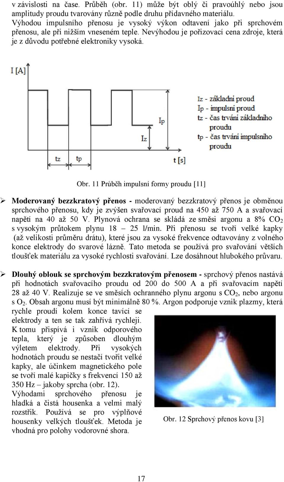 11 Průběh impulsní formy proudu [11] Moderovaný bezzkratový přenos - moderovaný bezzkratový přenos je obměnou sprchového přenosu, kdy je zvýšen svařovací proud na 450 až 750 A a svařovací napětí na