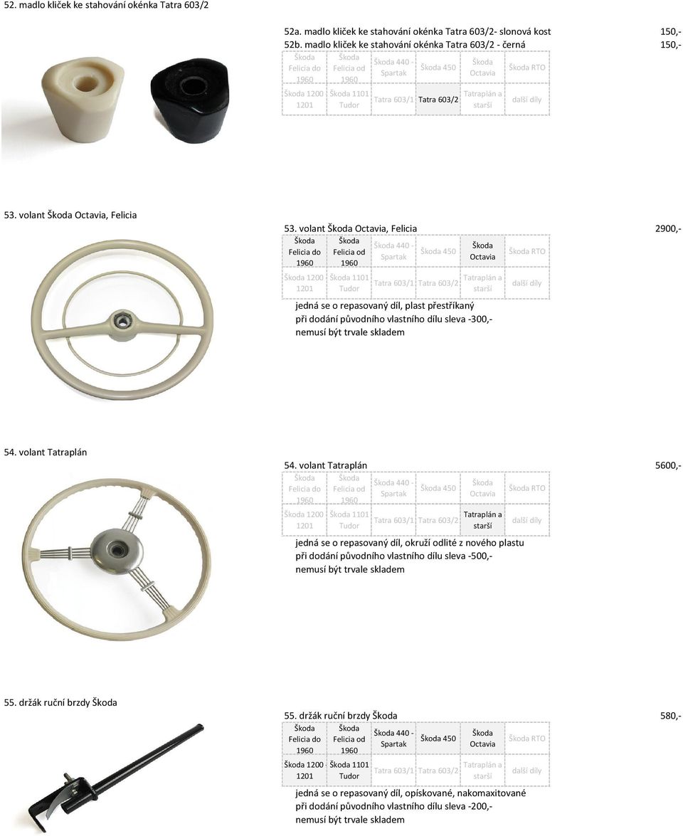 Ceník BP-VETERAN.CZ. Škoda Felicia od Škoda Spartak. Škoda Škoda. Škoda  Škoda 1101 Tatra 603/1 Tatra 603/2 Tatraplán a starší - PDF Free Download