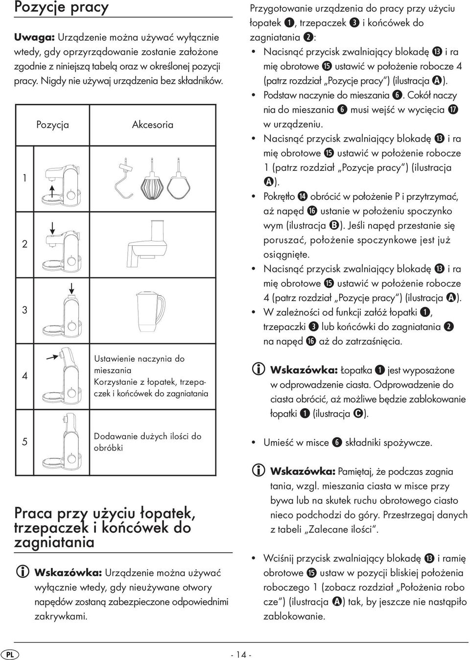 1 2 3 4 Pozycja Akcesoria Ustawienie naczynia do mieszania Korzystanie z łopatek, trzepaczek i końcówek do zagniatania Przygotowanie urządzenia do pracy przy użyciu łopatek q, trzepaczek e i końcówek