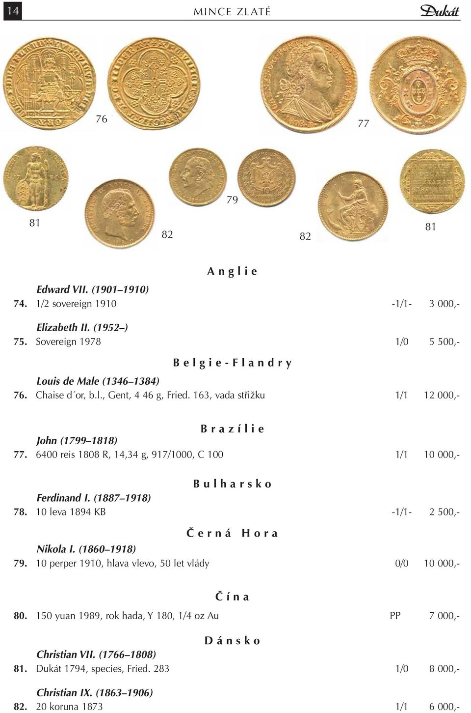 6400 reis 1808 R, 14,34 g, 917/1000, C 100 1/1 10 000,- B u l h a r s k o Ferdinand I. (1887 1918) 78. 10 leva 1894 KB -1/1-2 500,- Č e r n á H o r a Nikola I. (1860 1918) 79.