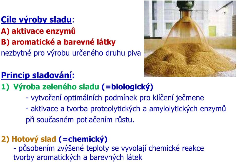 ječmene - aktivace a tvorba proteolytických a amylolytických enzymů při současném potlačením růstu.