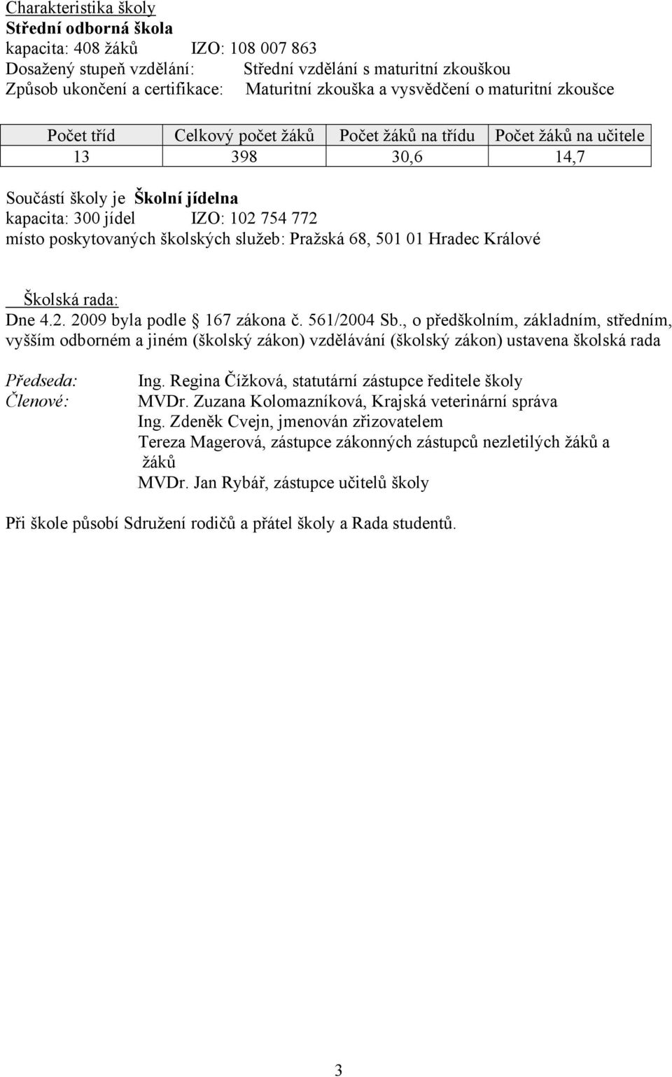 poskytovaných školských služeb: Pražská 68, 501 01 Hradec Králové Školská rada: Dne 4.2. 2009 byla podle 167 zákona č. 561/2004 Sb.