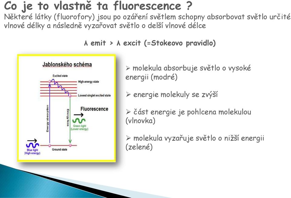 a následně vyzařovat světlo o delší vlnové délce λ emit > λ excit (=Stokeovo pravidlo) molekula