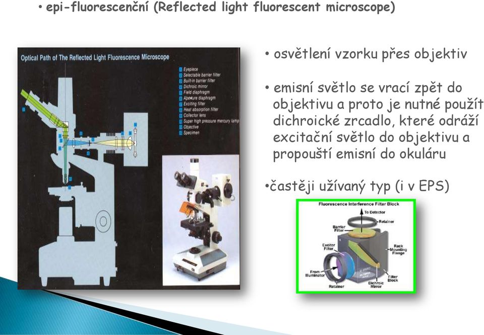 je nutné použít dichroické zrcadlo, které odráží excitační světlo do