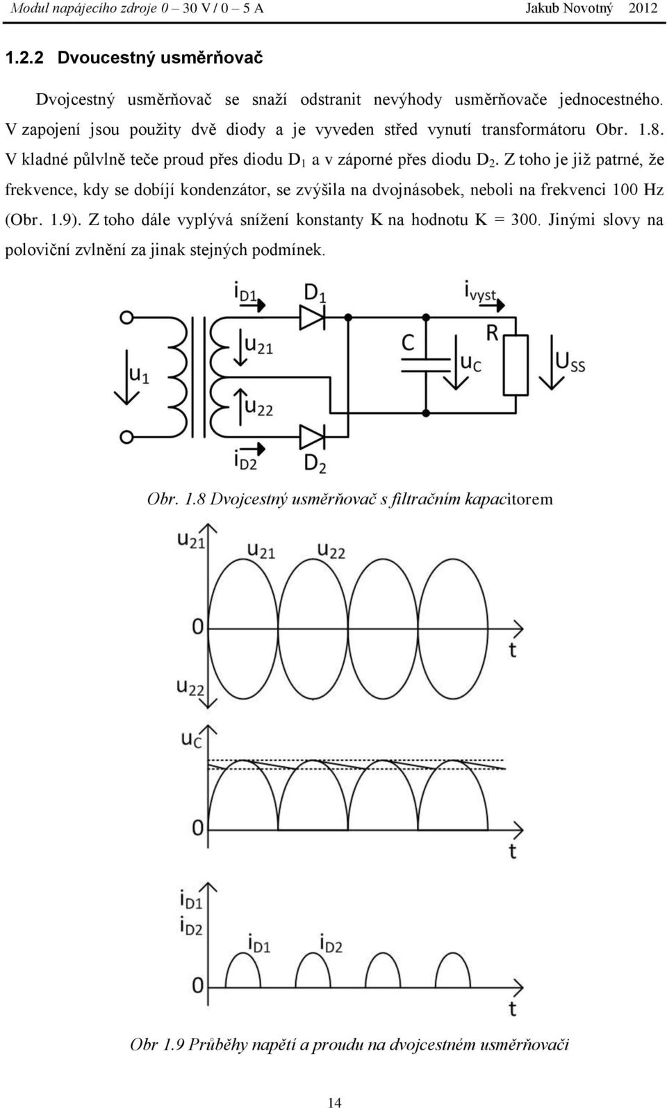 Z toho je již patrné, že frekvence, kdy se dobíjí kondenzátor, se zvýšila na dvojnásobek, neboli na frekvenci 100 Hz (Obr. 1.9).