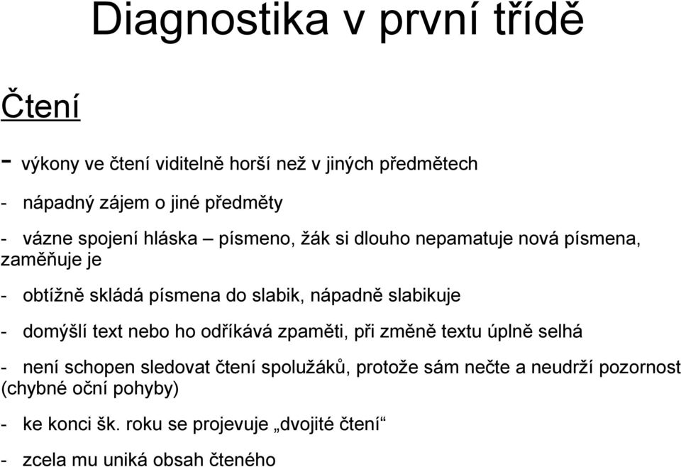 slabikuje - domýšlí text nebo ho odříkává zpaměti, při změně textu úplně selhá - není schopen sledovat čtení spolužáků,