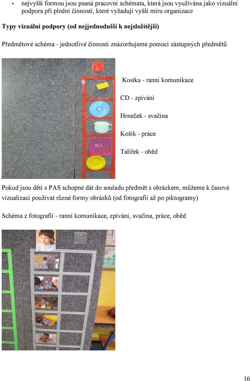 ranní komunikace CD - zpívání Hrneček - svačina Košík - práce Talířek - oběd Pokud jsou děti s PAS schopné dát do souladu předmět s obrázkem, můžeme