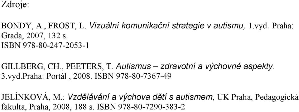 Autismus zdravotní a výchovné aspekty. 3.vyd.Praha: Portál, 2008.
