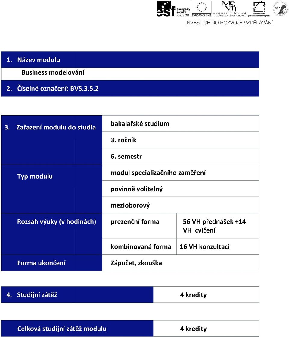 semestr Typ modulu modul specializačního zaměření povinně volitelný mezioborový Rozsah výuky (v