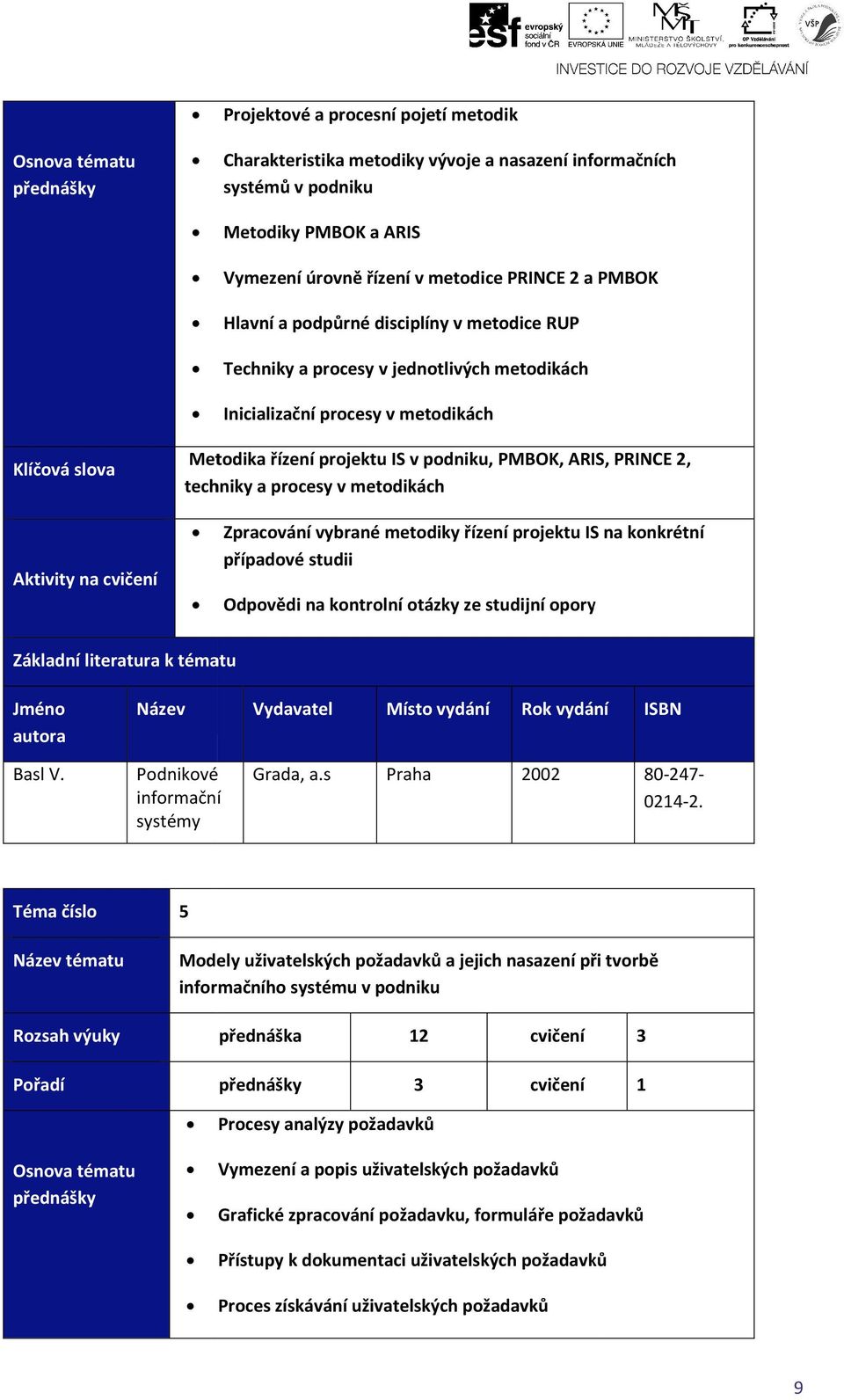 podniku, PMBOK, ARIS, PRINCE 2, techniky a procesy v metodikách Zpracování vybrané metodiky řízení projektu IS na konkrétní případové studii Odpovědi na kontrolní otázky ze studijní opory Základní