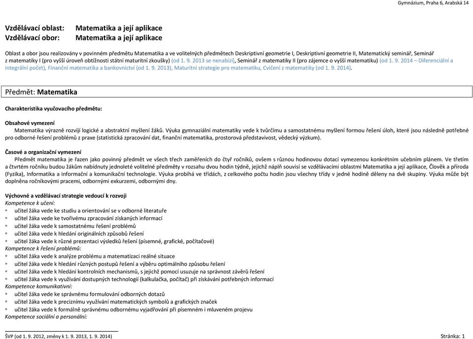 2013 se nenabízí), Seminář z matematiky II (pro zájemce o vyšší matematiku) (od 1. 9. 2014 Diferenciální a integrální počet), Finanční matematika a bankovnictví (od 1. 9. 2013), Maturitní strategie pro matematiku, Cvičení z matematiky (od 1.