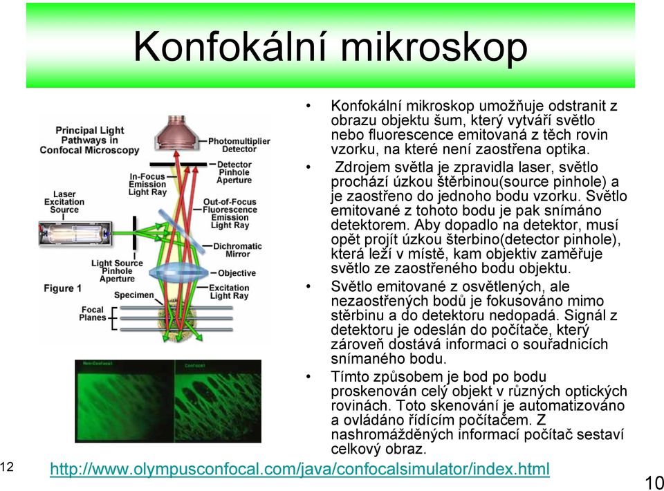 Aby dopadlo na detektor, musí opět projít úzkou šterbino(detector pinhole), která leží v místě, kam objektiv zaměřuje světlo ze zaostřeného bodu objektu.