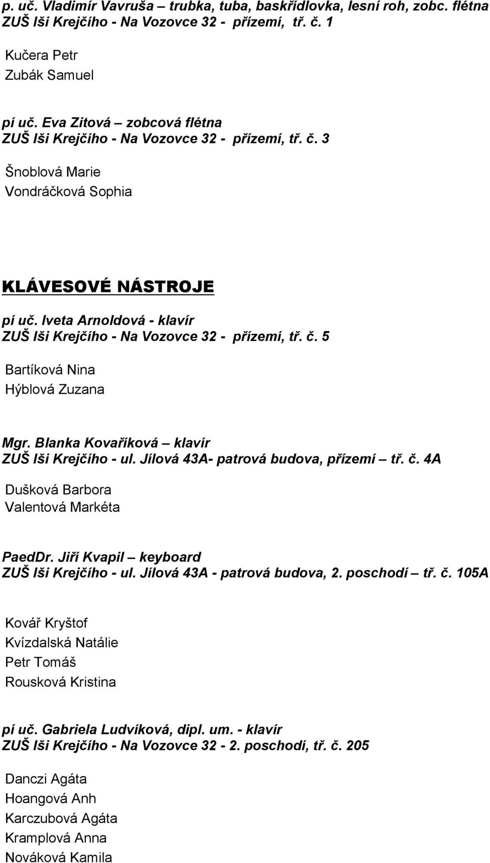 Iveta Arnoldová - klavír ZUŠ Iši Krejčího - Na Vozovce 32 - přízemí, tř. č. 5 Bartíková Nina Hýblová Zuzana Mgr. Blanka Kovaříková klavír ZUŠ Iši Krejčího - ul. Jílová 43A- patrová budova, přízemí tř.