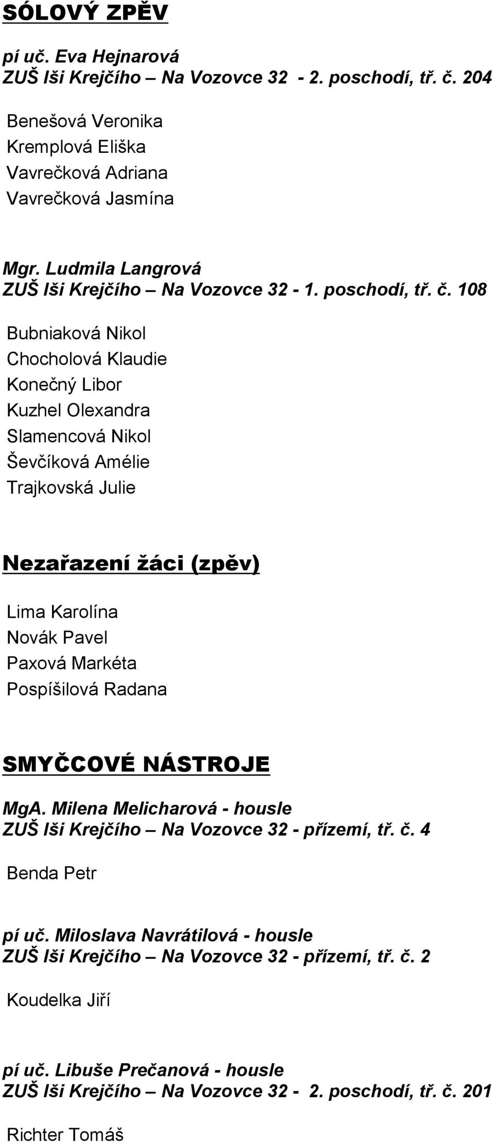 108 Bubniaková Nikol Chocholová Klaudie Konečný Libor Kuzhel Olexandra Slamencová Nikol Ševčíková Amélie Trajkovská Julie Nezařazení žáci (zpěv) Lima Karolína Novák Pavel Paxová Markéta