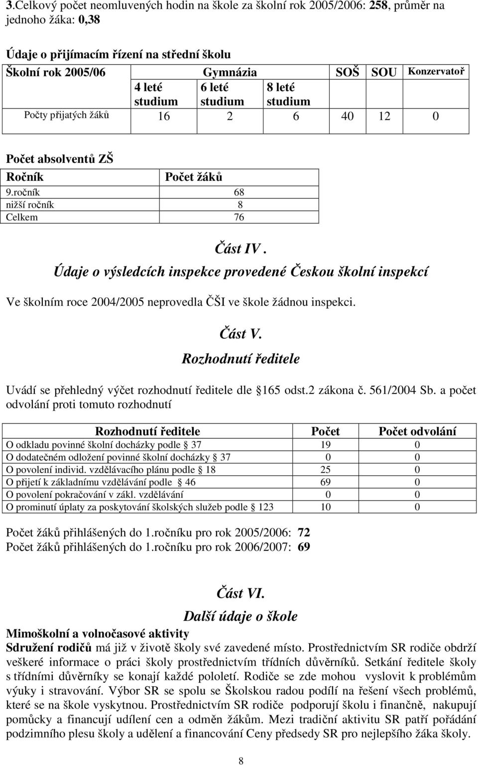 Údaje o výsledcích inspekce provedené Českou školní inspekcí Ve školním roce 2004/2005 neprovedla ČŠI ve škole žádnou inspekci. Část V.
