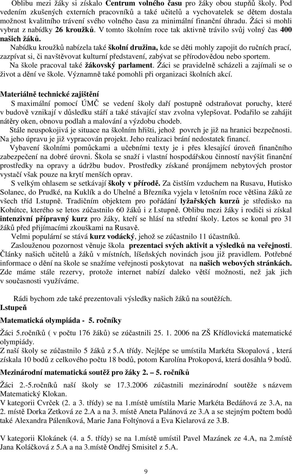 Žáci si mohli vybrat z nabídky 26 kroužků. V tomto školním roce tak aktivně trávilo svůj volný čas 400 našich žáků.