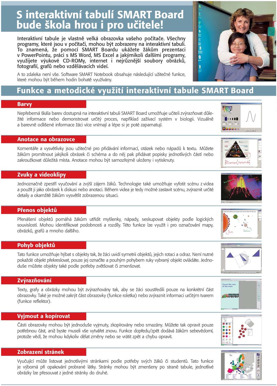 To znamená, že pomocí SMART Boardu ukážete žákům prezentaci v PowerPointu, práci s MS Word, MS Excel a jakýmikoli dalšími programy, využijete výukové CD-ROMy, internet i nejrůznější soubory obrázků,