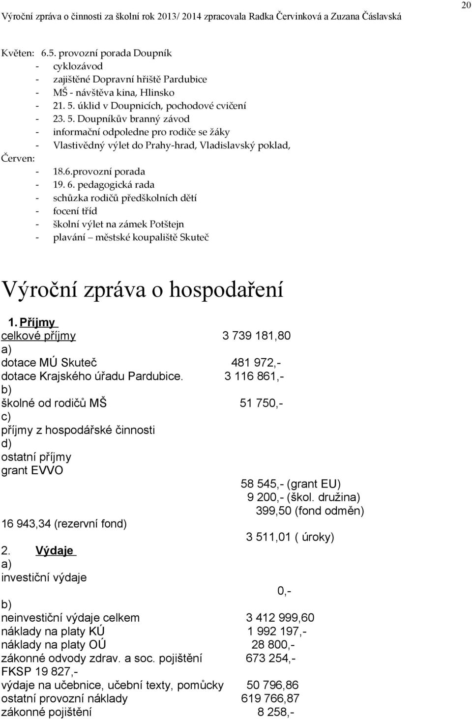 provozní porada - 19. 6. pedagogická rada - schůzka rodičů předškolních dětí - focení tříd - školní výlet na zámek Potštejn - plavání městské koupaliště Skuteč Výroční zpráva o hospodaření 1.