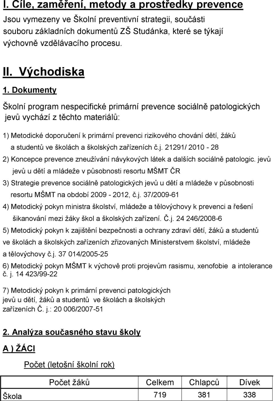 Dokumenty Školní program nespecifické primární prevence sociálně patologických jevů vychází z těchto materiálů: 1) Metodické doporučení k primární prevenci rizikového chování dětí, žáků a studentů ve