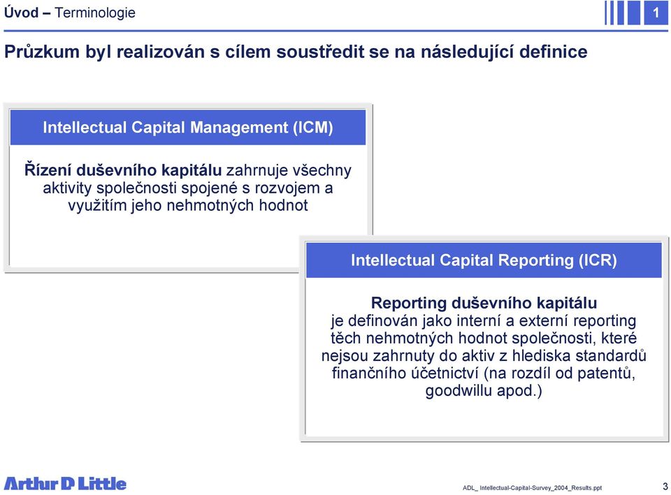 Reporting (ICR) Reporting duševního kapitálu je definován jako interní a externí reporting těch nehmotných hodnot společnosti, které nejsou