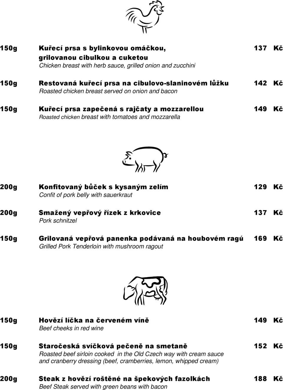 129 Kč Confit of pork belly with sauerkraut 200g Smažený vepřový řízek z krkovice 137 Kč Pork schnitzel 150g Grilovaná vepřová panenka podávaná na houbovém ragú 169 Kč Grilled Pork Tenderloin with