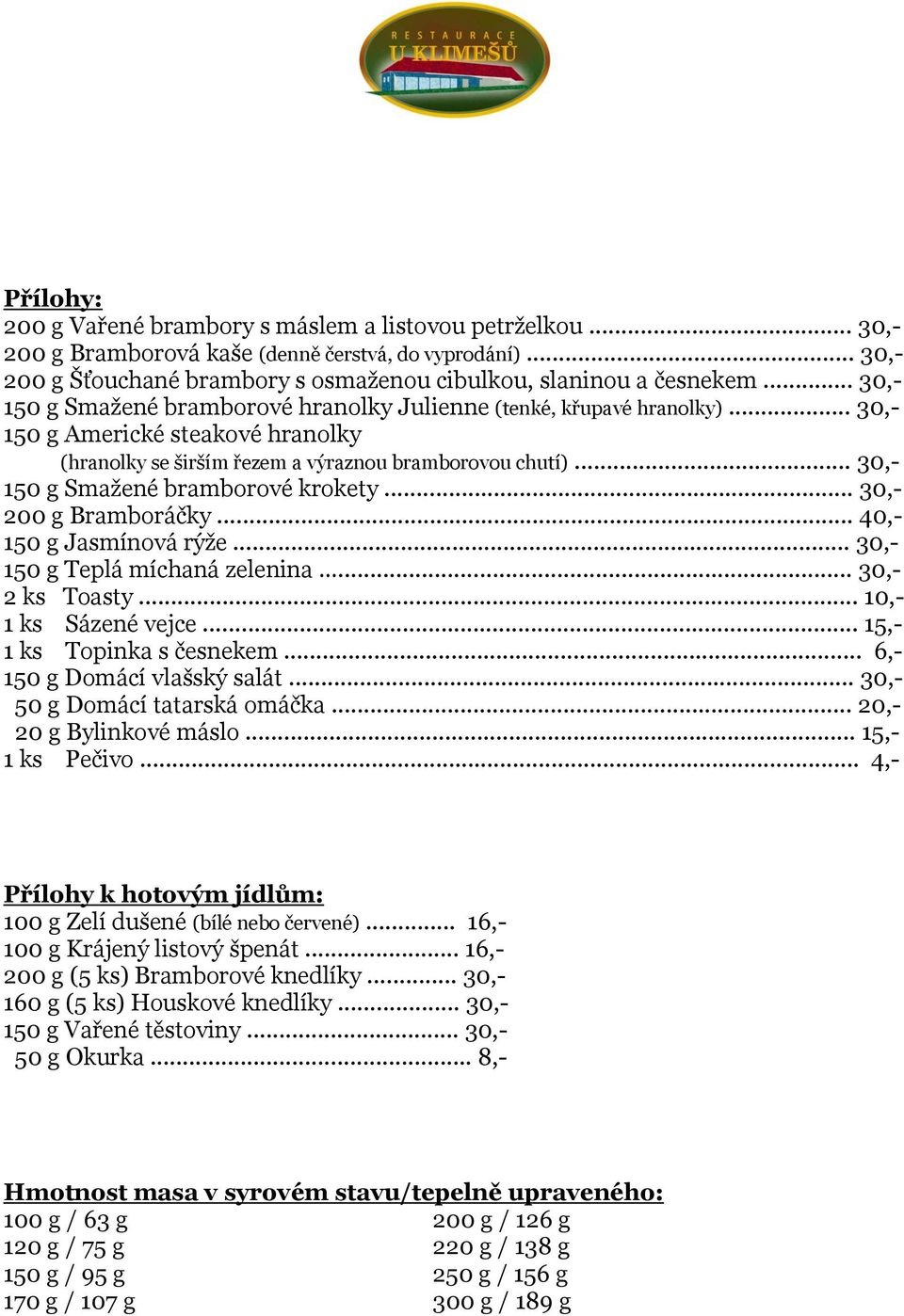 .. 30,- 150 g Smažené bramborové krokety... 30,- 200 g Bramboráčky... 40,- 150 g Jasmínová rýže... 30,- 150 g Teplá míchaná zelenina... 30,- 2 ks Toasty... 10,- 1 ks Sázené vejce.