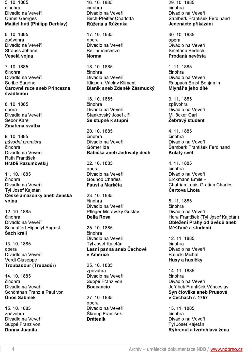 10. 1885 Suppé Franz von Donna Juanita 16. 10. 1885 Birch-Pfeiffer Charlotta Růžena a Růženka 17. 10. 1885 Bellini Vincenzo Norma 18. 10. 1885 Klicpera Václav Kliment Blaník aneb Zdeněk Zásmucký 18.