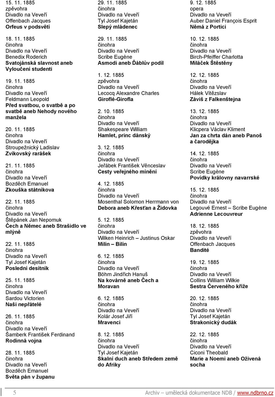 11. 1885 Sardou Victorien Naši nepřátelé 26. 11. 1885 Šamberk František Ferdinand Rodinná vojna 28. 11. 1885 Bozděch Emanuel Světa pán v županu 29. 11. 1885 Slepý mládenec 29. 11. 1885 Scribe Eugène Asmodi aneb Ďáblův podíl 1.