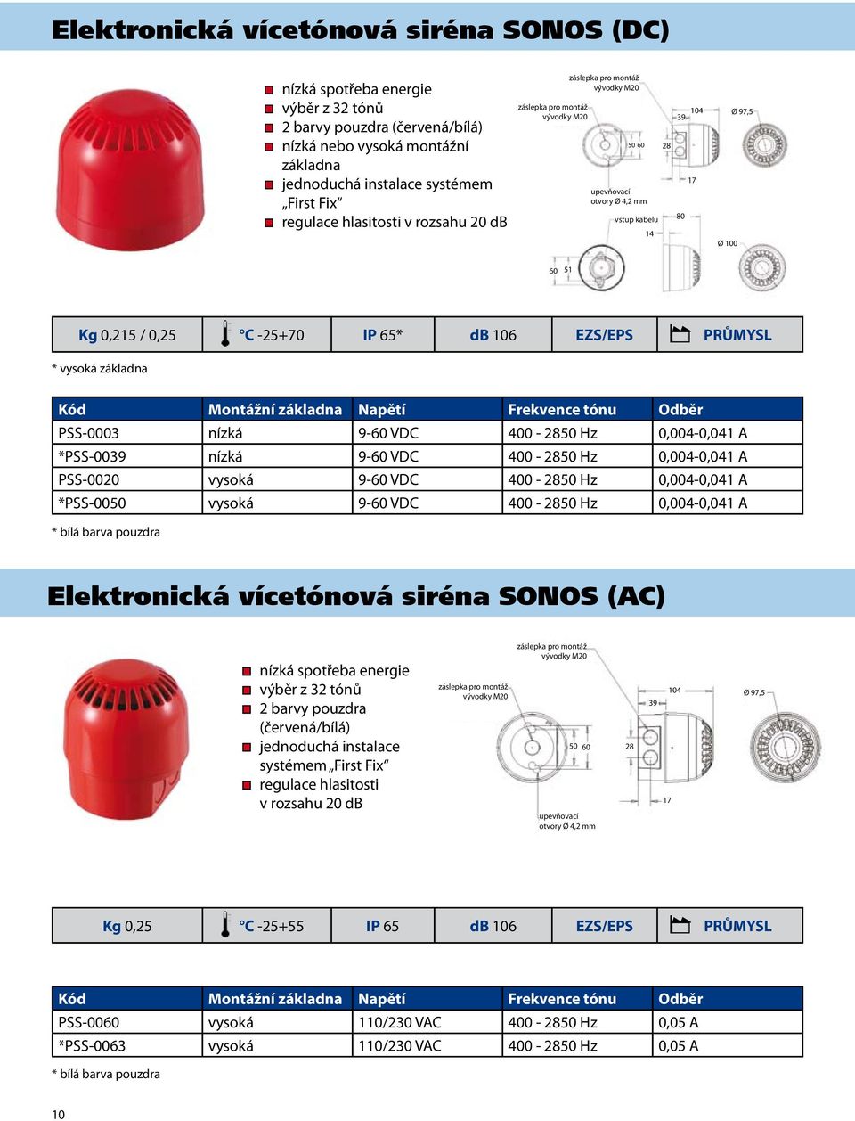 tónu Odběr PSS-0003 nízká 9-60 VDC 400-2850 Hz 0,004-0,041 A *PSS-0039 nízká 9-60 VDC 400-2850 Hz 0,004-0,041 A PSS-0020 vysoká 9-60 VDC 400-2850 Hz 0,004-0,041 A *PSS-0050 vysoká 9-60 VDC 400-2850