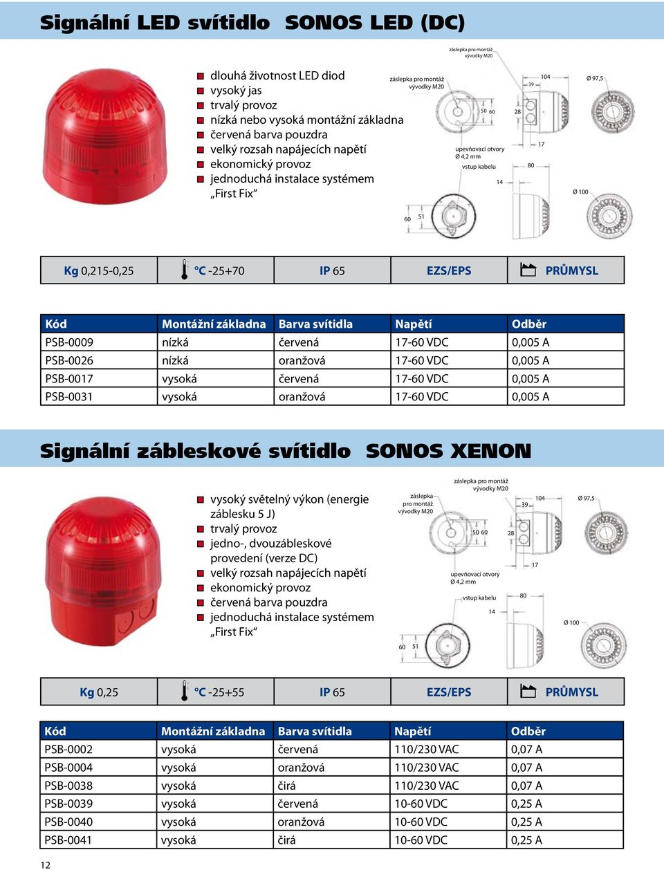 svítidla Napětí Odběr PSB-0009 nízká červená 17-60 VDC 0,005 A PSB-0026 nízká oranžová 17-60 VDC 0,005 A PSB-0017 vysoká červená 17-60 VDC 0,005 A PSB-0031 vysoká oranžová 17-60 VDC 0,005 A Signální