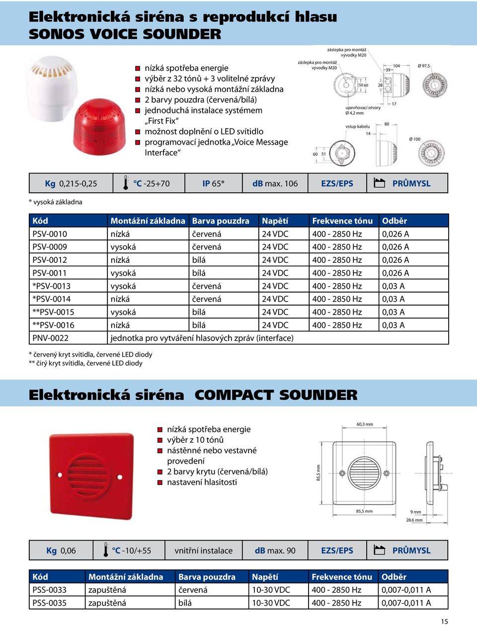 max. 106 EZS/EPS PRŮMYSL * vysoká základna Kód Montážní základna Barva pouzdra Napětí Frekvence tónu Odběr PSV-0010 nízká červená 24 VDC 400-2850 Hz 0,026 A PSV-0009 vysoká červená 24 VDC 400-2850 Hz