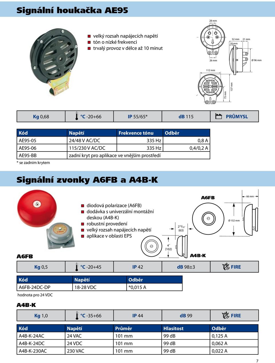 Signální zvonky A6FB a A4B-K diodová polarizace (A6FB) dodávka s univerzální montážní deskou (A4B-K) robustní provedení velký rozsah napájecích napětí aplikace v oblasti EPS 2 15 / 32 (63) A6FB Ø 152