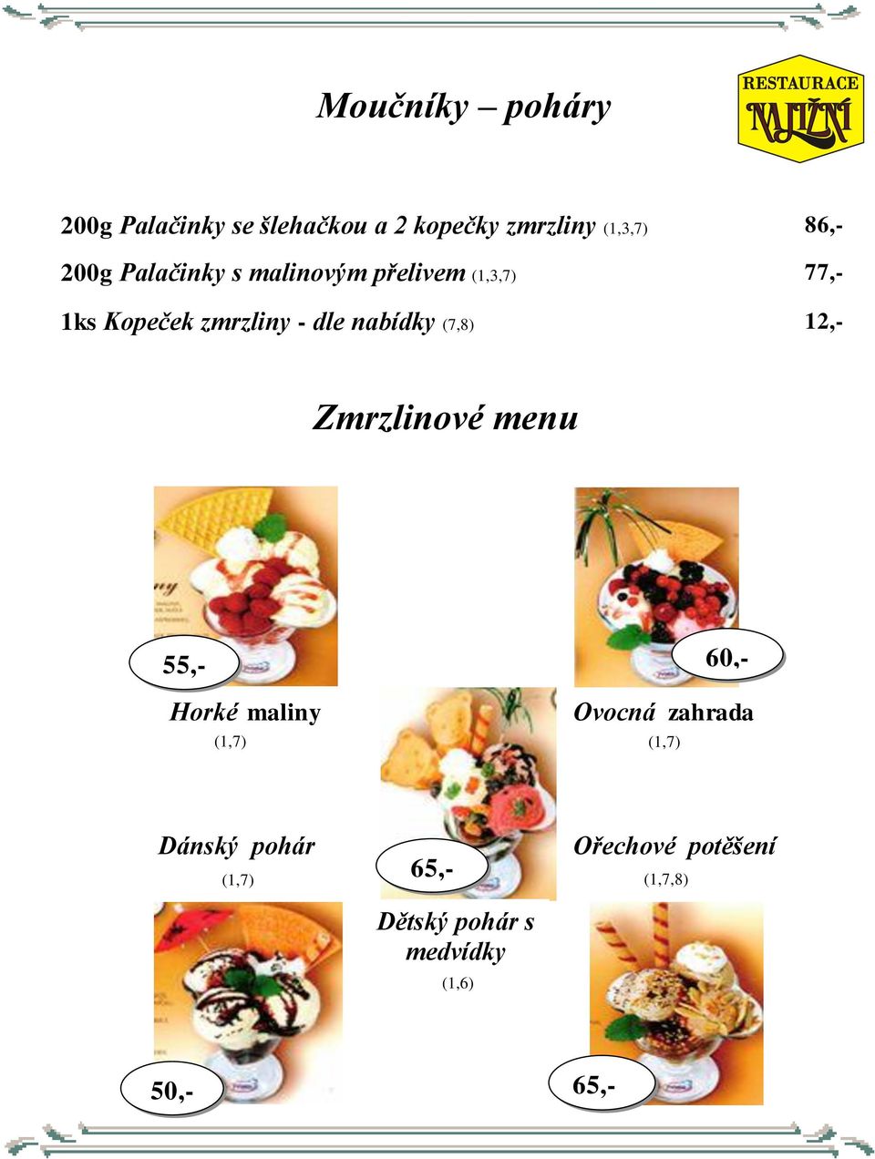 (7,8) 12,- Zmrzlinové menu 55,- 60,- Horké maliny Ovocná zahrada (1,7) (1,7) Dánský