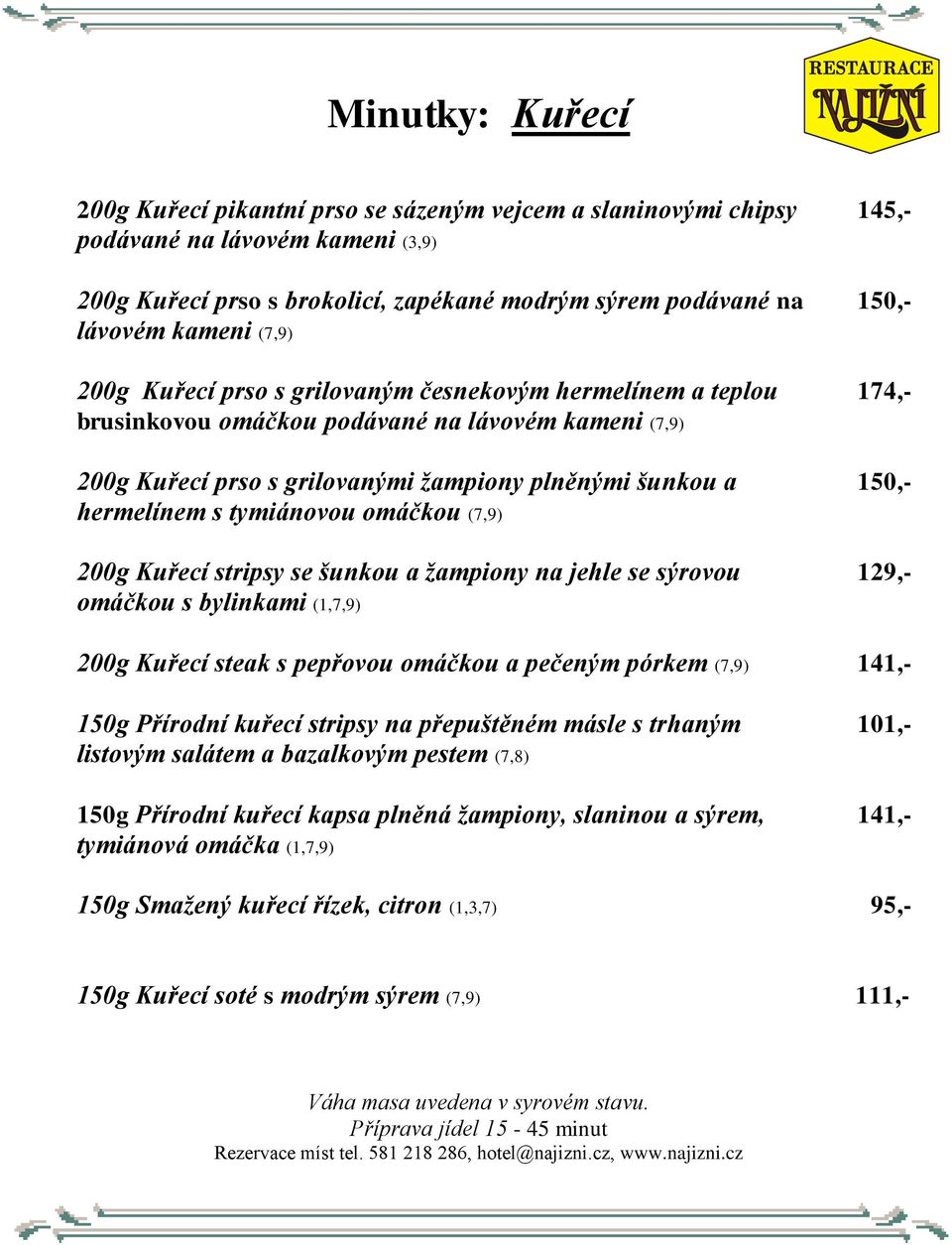 omáčkou (7,9) 200g Kuřecí stripsy se šunkou a žampiony na jehle se sýrovou omáčkou s bylinkami (1,7,9) 145,- 150,- 174,- 150,- 129,- 200g Kuřecí steak s pepřovou omáčkou a pečeným pórkem (7,9) 141,-