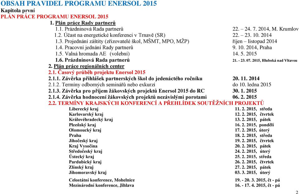 Prázdninová Rada partnerů 21. - 23. 07. 2015, Hluboká nad Vltavou 2. Plán práce regionálních center 2.1. Časový průběh projektu Enersol 2015 2.1.1. Závěrka přihlášek partnerských škol do jedenáctého ročníku 20.