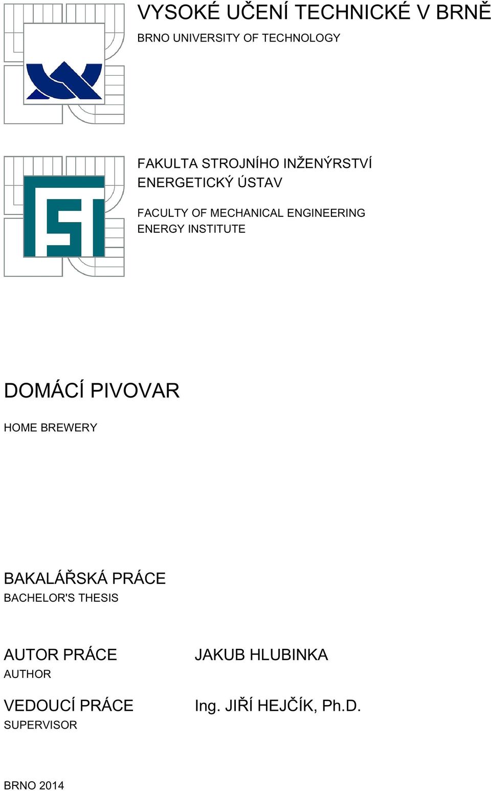 ENERGY INSTITUTE DOMÁCÍ PIVOVAR HOME BREWERY BAKALÁŘSKÁ PRÁCE BACHELOR'S