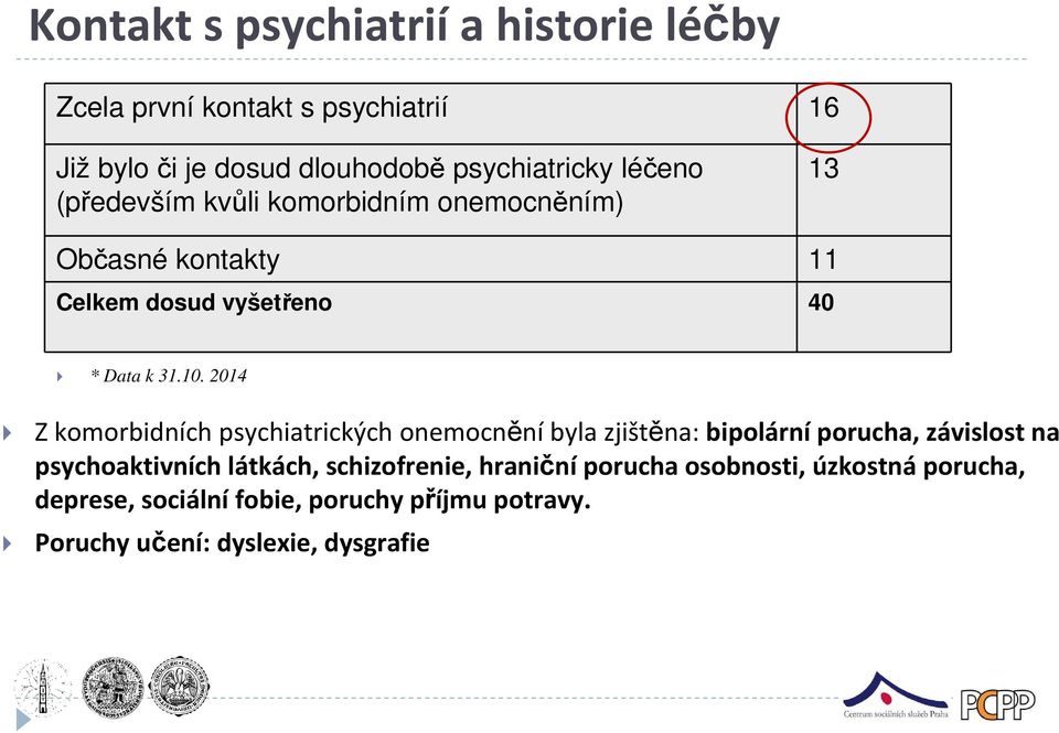 2014 Z komorbidních psychiatrických onemocněníbyla zjištěna: bipolárníporucha, závislost na psychoaktivních látkách,